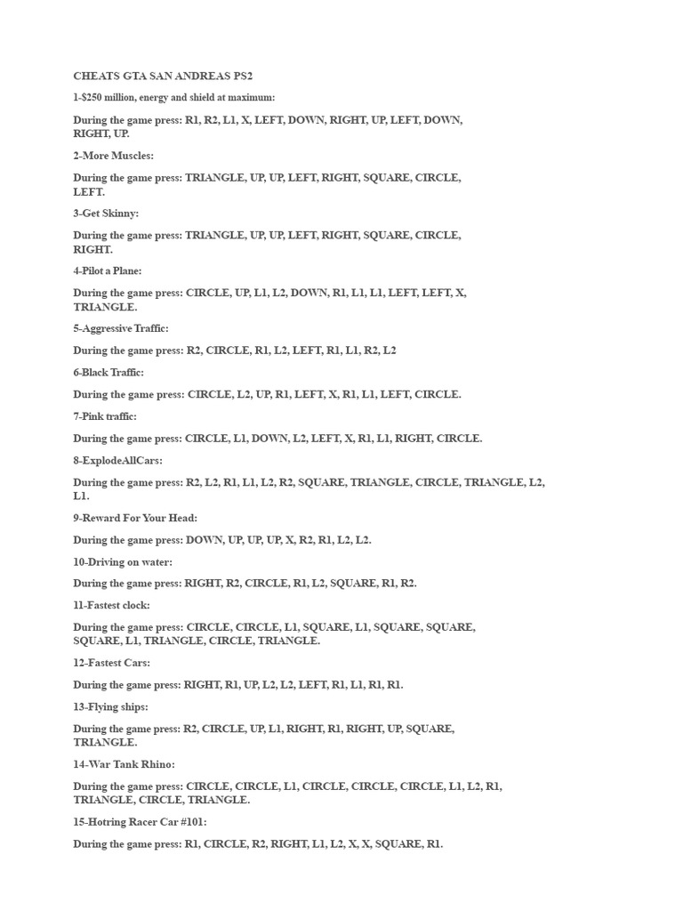 GTA San Andreas PS2 Cheat Codes Guide | PDF | Transport