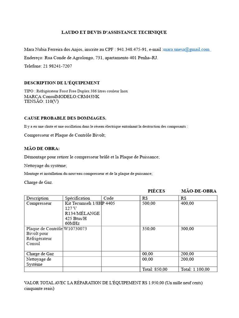 Devis Réparation Réfrigérateur Consul | PDF
