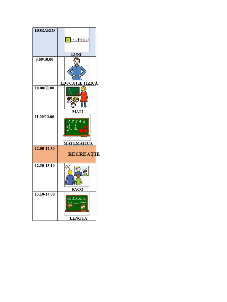 Model de Orar Școlar Cu Pictograme | PDF