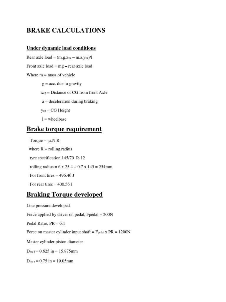 Brake Calculations for Vehicle Dynamics | PDF