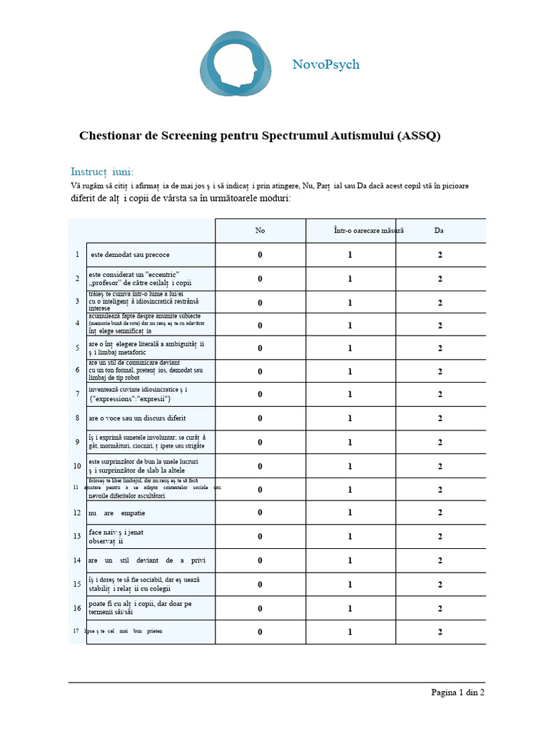 Chestionar de Screening Pentru Spectrul Autismului - ASSQ PDF | PDF
