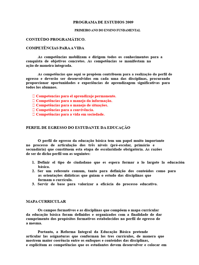 Programa de Estudos 2009: 1º Ano Fundamental | PDF | Aprendizado ...