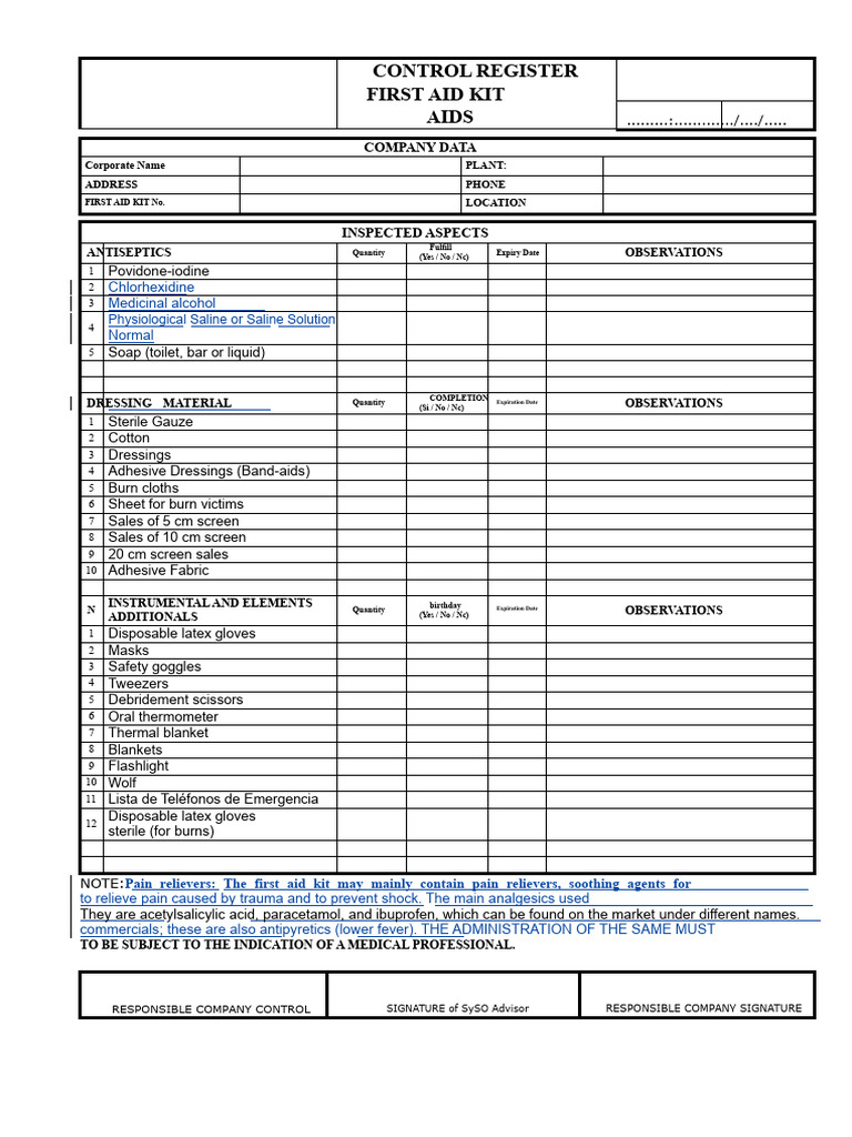 First Aid Kit Control Register | PDF | Analgesic | Medicine