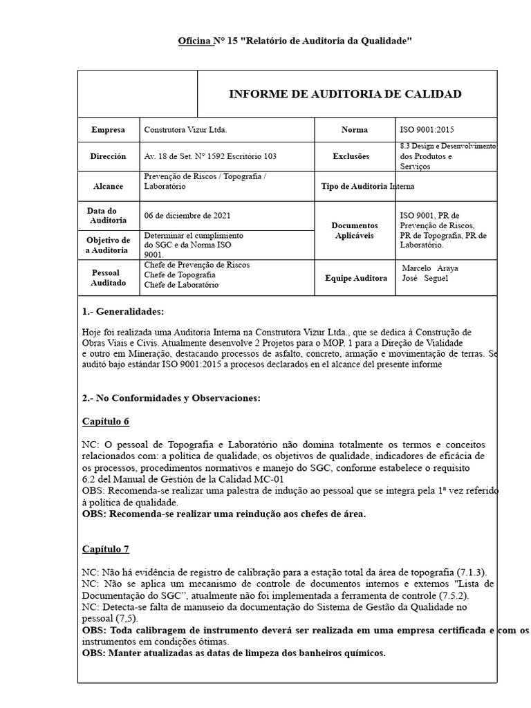 Auditoria Interna ISO 9001:2021 - Construtora | PDF | Gestão de ...