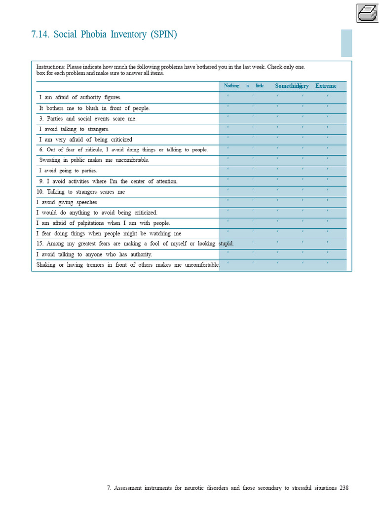 Social Phobia Inventory (SPIN) | PDF | Social Anxiety Disorder | Phobia