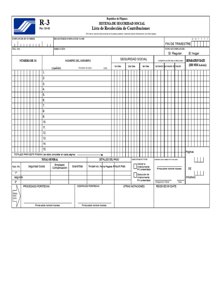 Lista de Recopilación de Contribuciones SSS R3 en Formato Excel | PDF