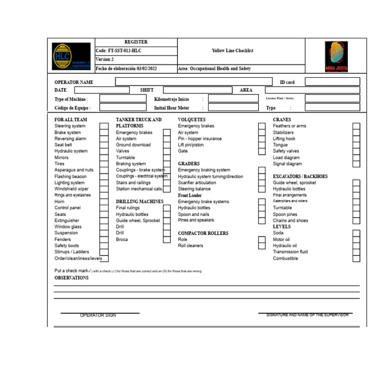 FT-SST-012 Check List Yellow Line | PDF | Loader (Equipment) | Truck