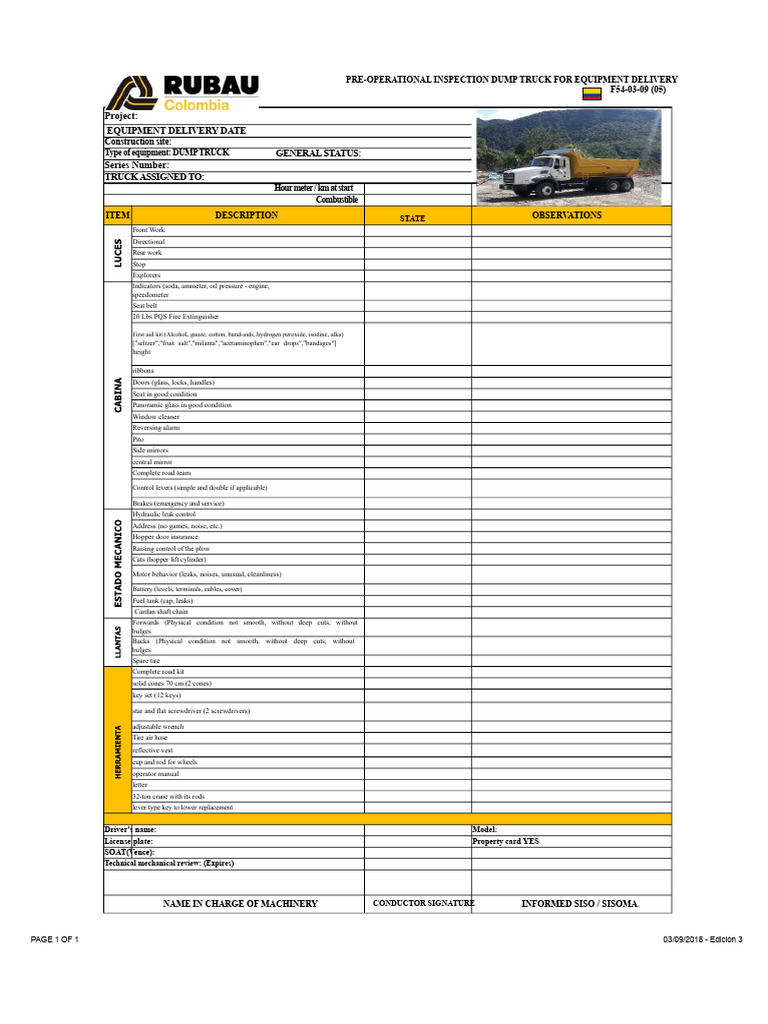 Dump Truck Pre-Operational Inspection Checklist | PDF | Truck | Engines