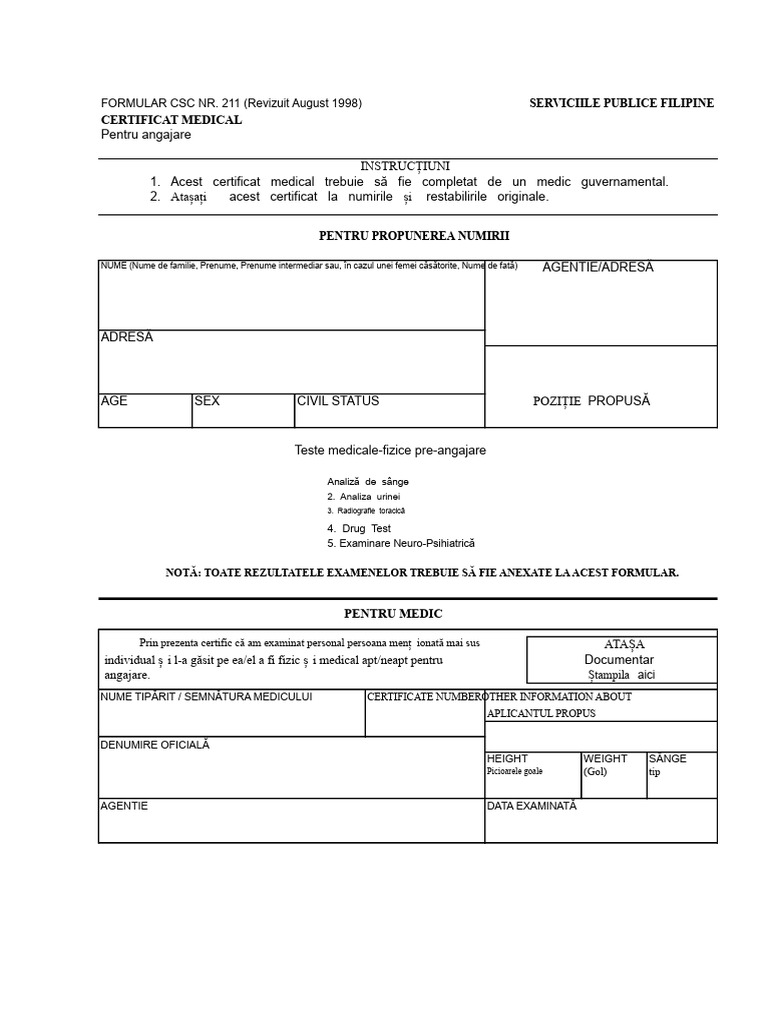 Certificat Medical Formular CSC 211 | PDF