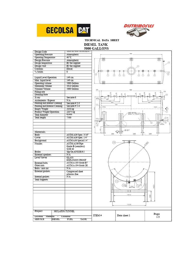 5000 Gallon Diesel Tank Data Sheet | PDF | Diesel Fuel | Pipe (Fluid ...