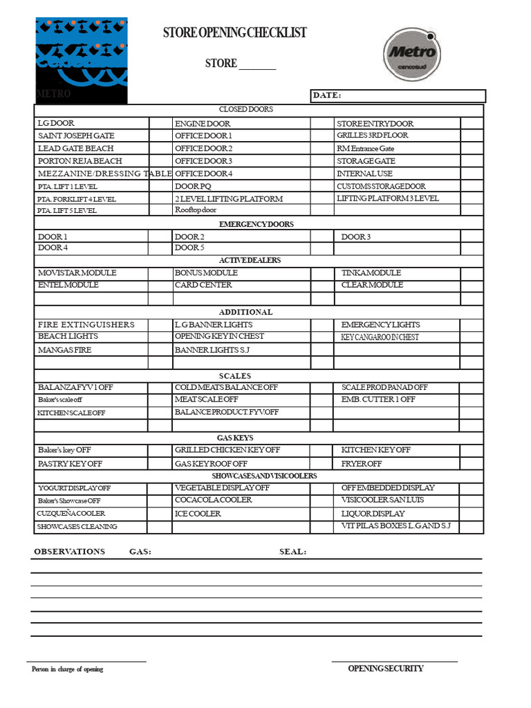 Store Opening and Closing Checklist | PDF | Cooking | Food And Drink ...