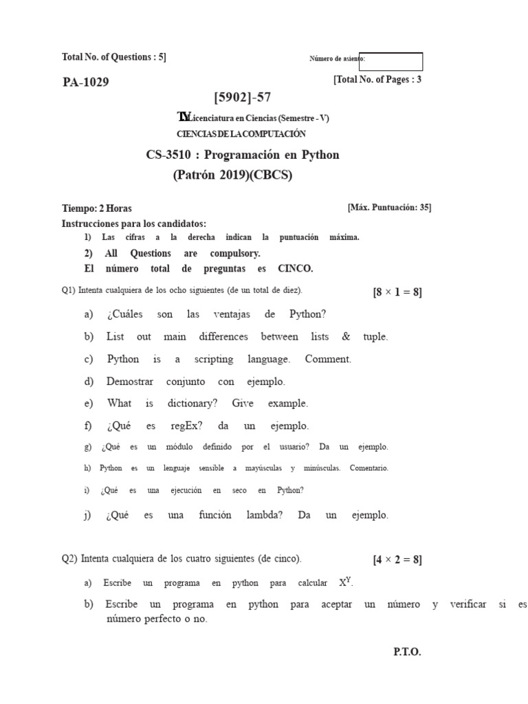 Examen de Programación en Python CS-3510 | PDF | Python (lenguaje de ...