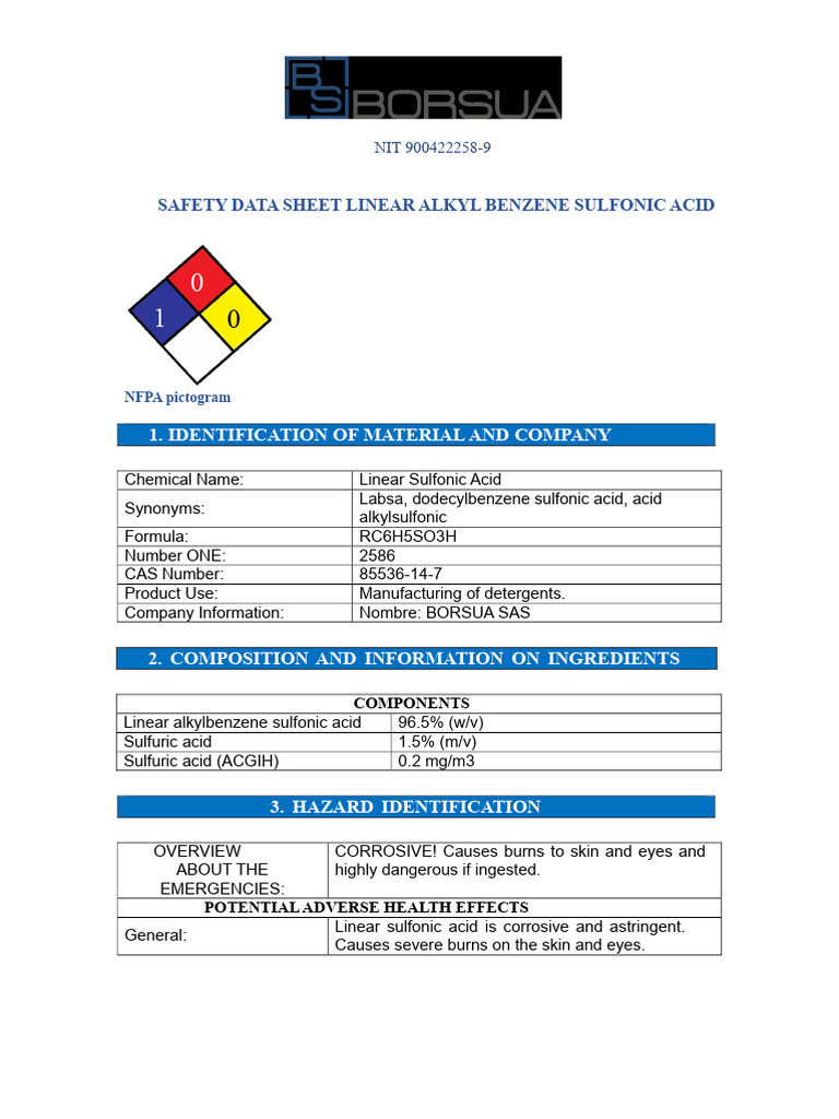 Linear Alkyl Benzene Sulfonic Acid SDS | PDF | Fires | Oxide