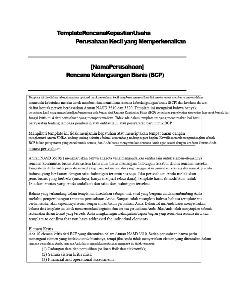 Template BCP untuk Perusahaan Kecil | PDF