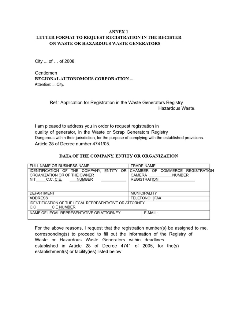 Format For Registration of Hazardous Waste Generators | PDF