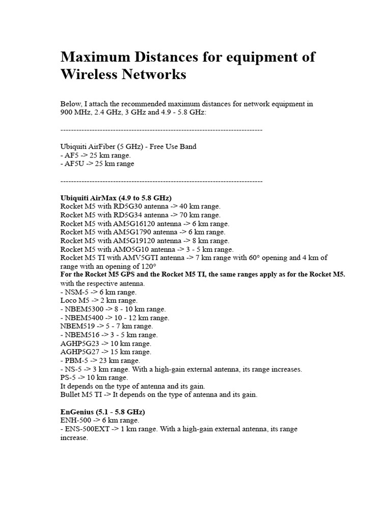 Max Distances for Wireless Network Equipment | PDF | Wi Fi | Radio