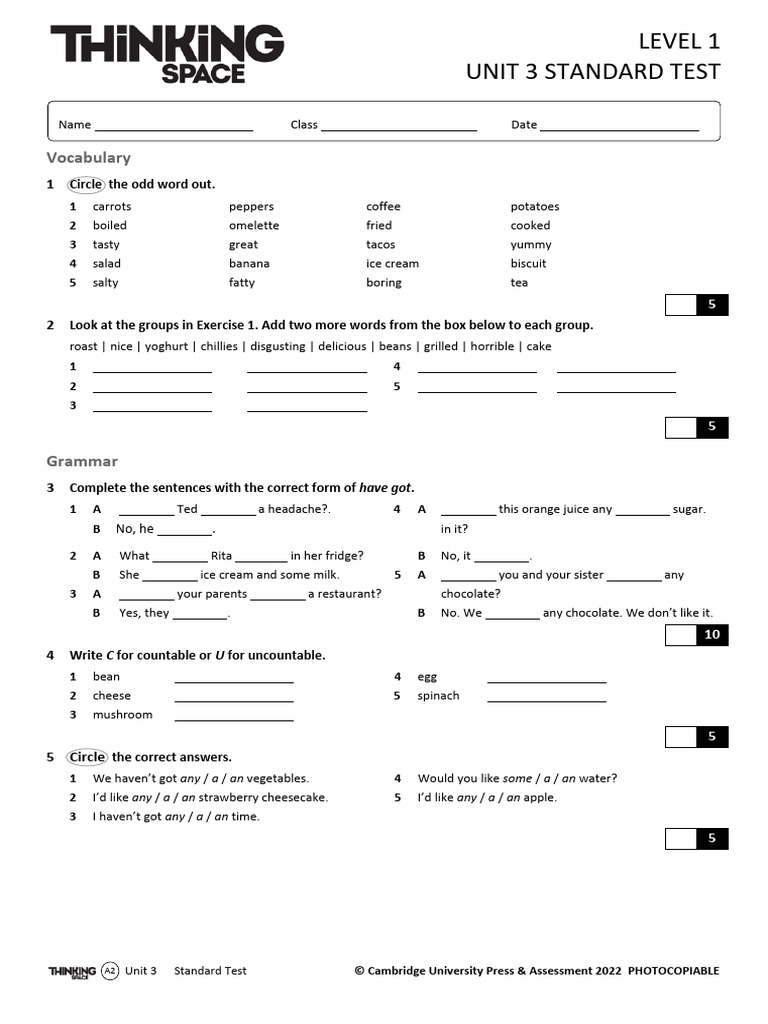 A2 Level 1 Unit 3 Standard Test | PDF | Cuisine | Cooking