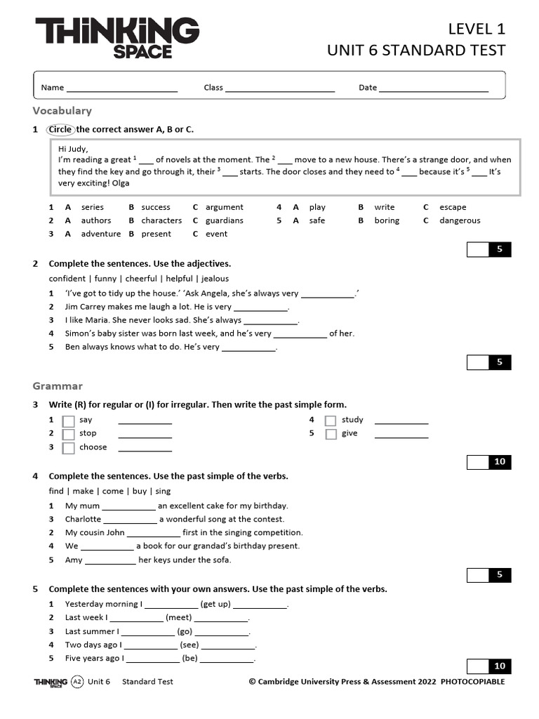 A2 Unit 6 Standard Test Worksheet | PDF | Linguistics | Grammar