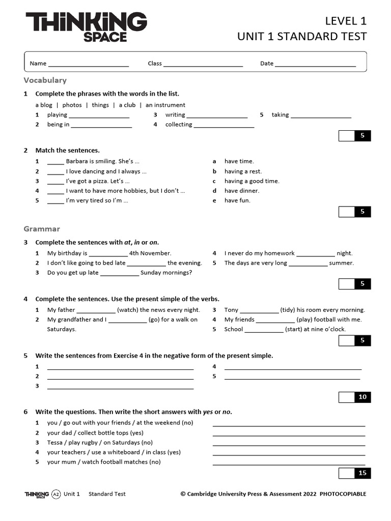 A2 Level 1 Unit 1 Standard Test | PDF | Linguistic Typology | Languages