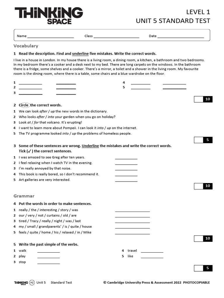 A2 Level 1 Unit 5 Standard Test | PDF | Linguistics