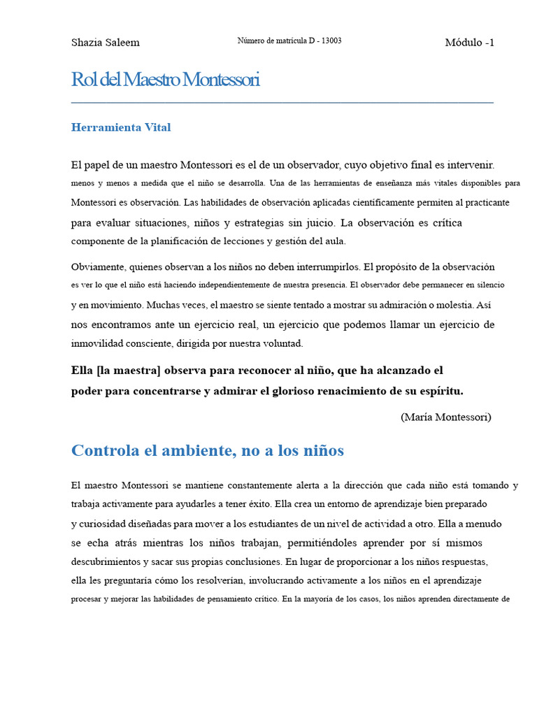 Rol del Maestro en Montessori: Observación y Aprendizaje | PDF ...
