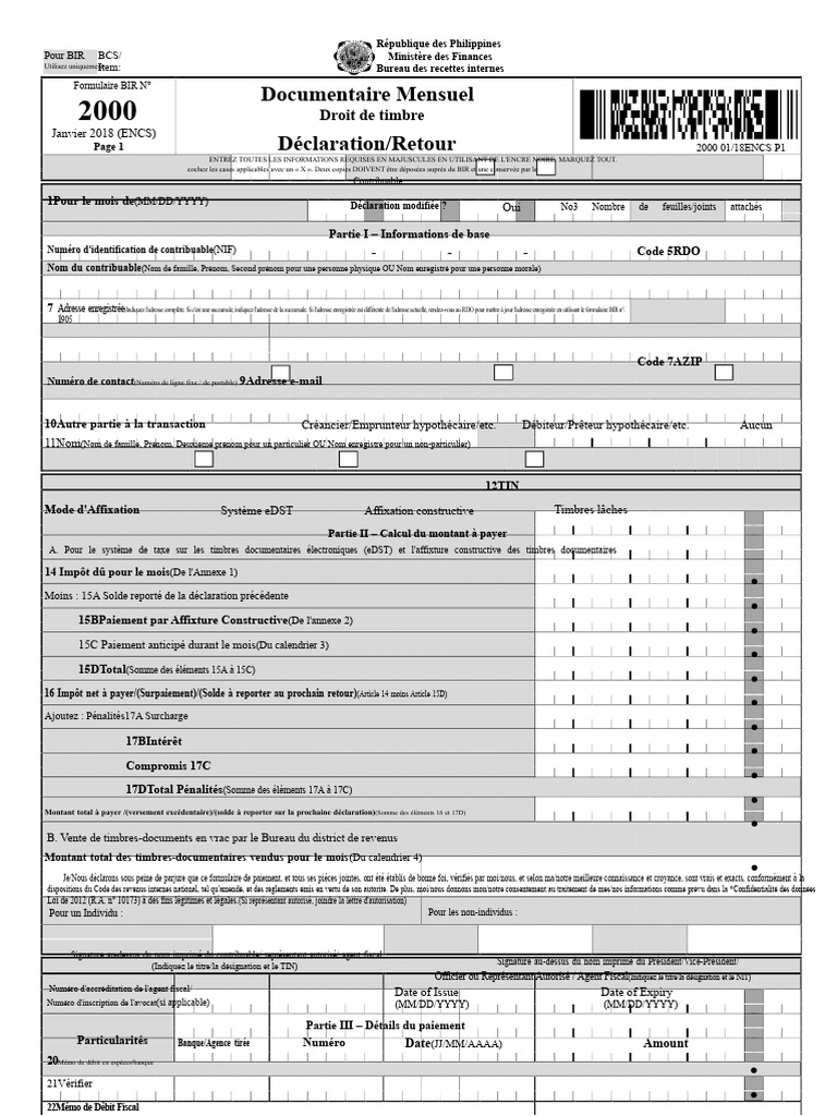 Formulaire BIR 2000 : Déclaration mensuelle | PDF | Impôts | Dettes