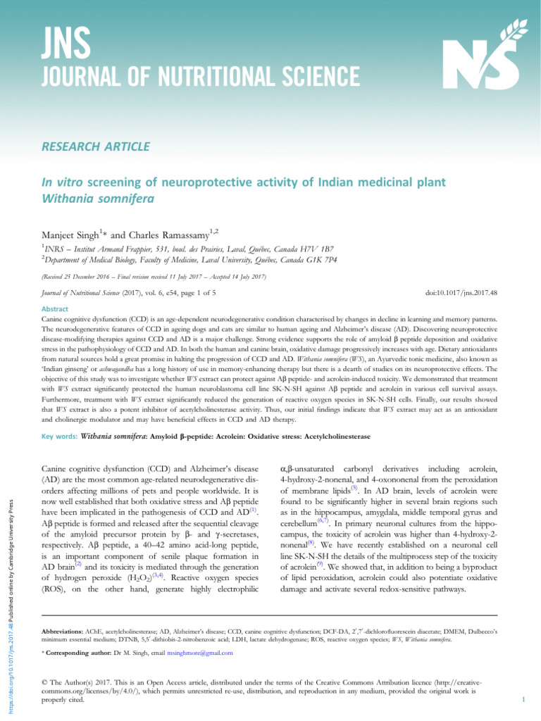 Neuroprotective Effects of Withania somnifera | PDF | Amyloid Beta ...