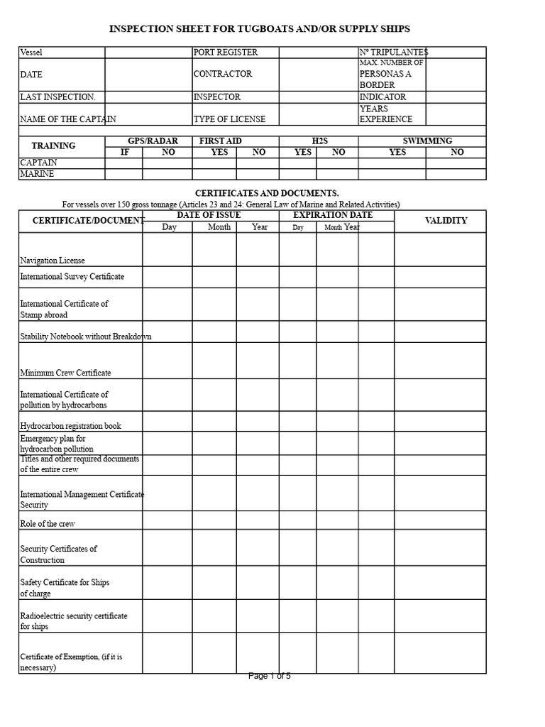 Tugboat and Supply Ship Inspection Sheet | PDF | Ships | Shipping