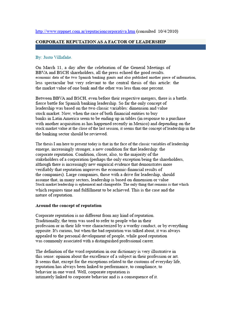Concept of Reputation. Villafañe. | PDF | Reputation | Leadership