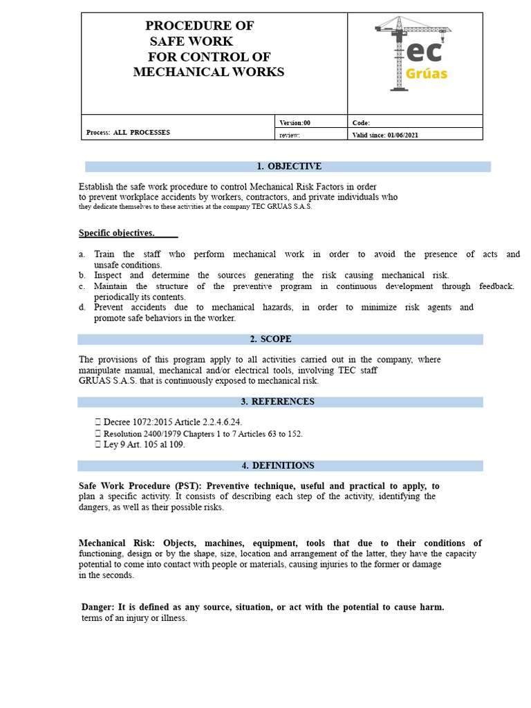 Safe Work Procedures for Mechanical Risks | PDF | Risk | Personal ...