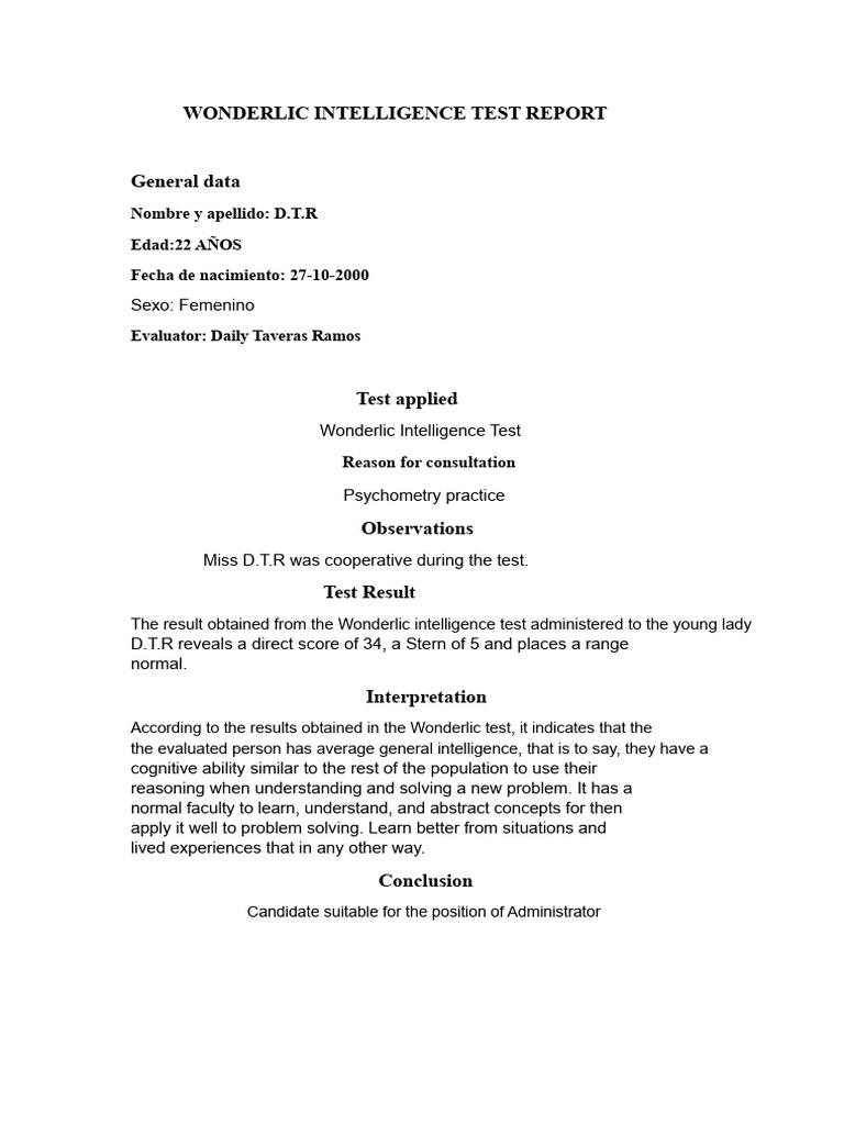 Wonderlic Test Results for D.T.R. | PDF