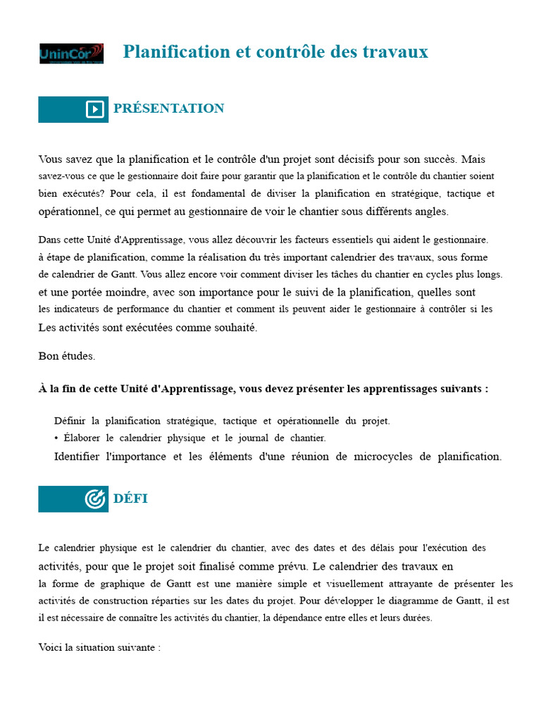 Planification et contrôle des travaux de chantier | PDF | Planification ...