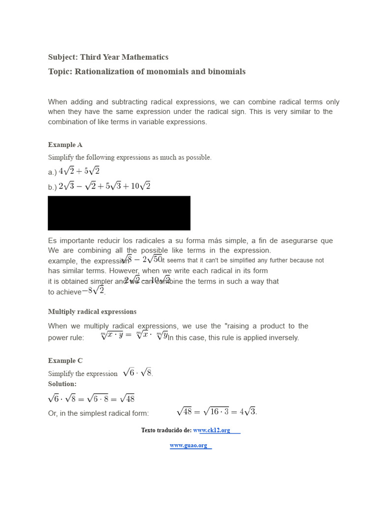 Rationalizing Radicals in Mathematics | PDF | Multiplication | Numbers