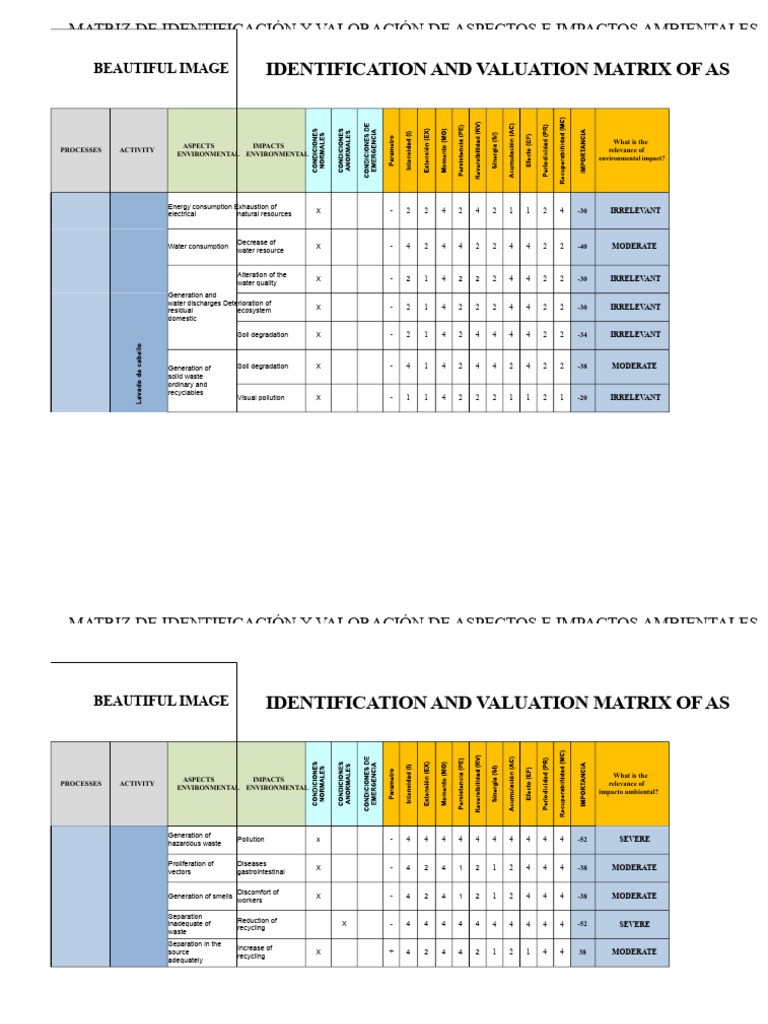 Matrix of Environmental Aspects and Impacts Example | PDF ...