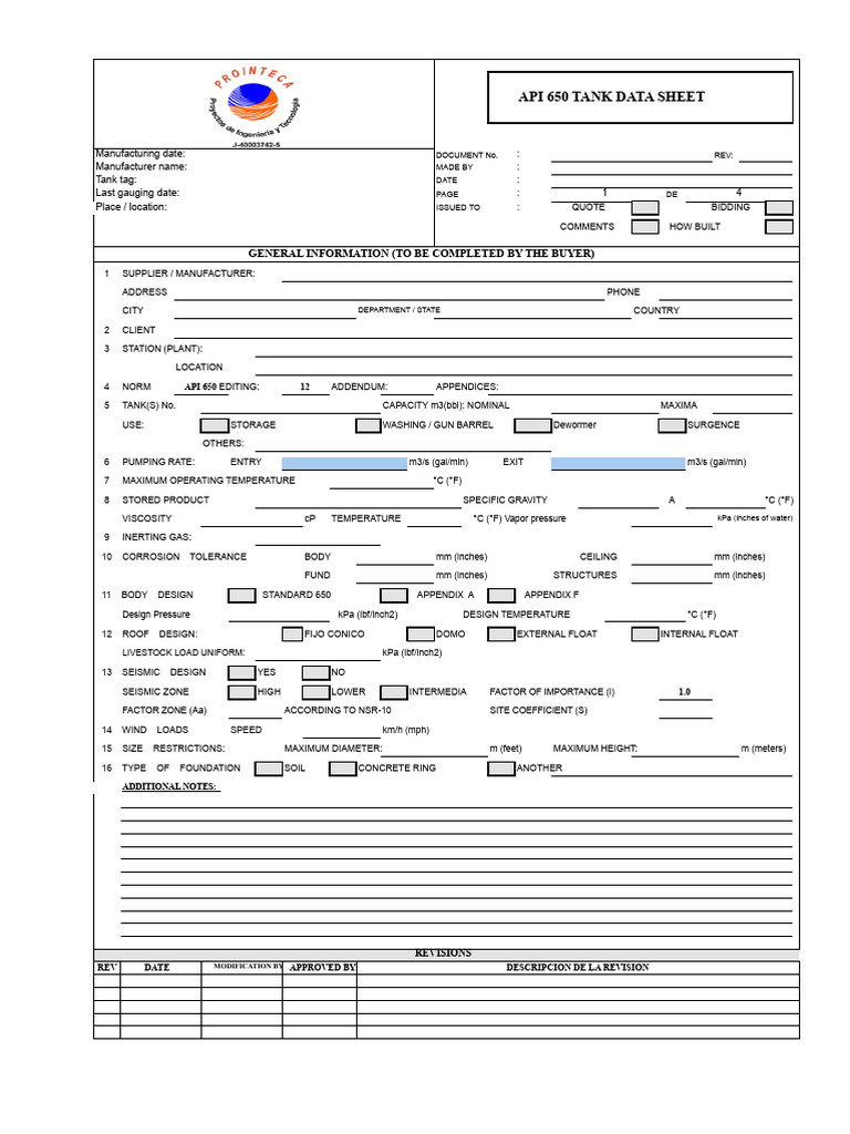 Data Sheet Tank API 650 Prointeca 2021 | PDF | Pressure | Mechanical ...