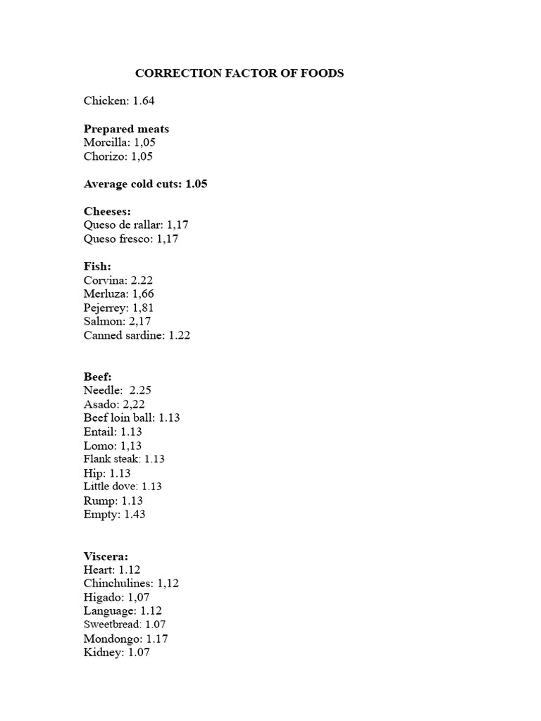 Correction Factor of Foods | PDF
