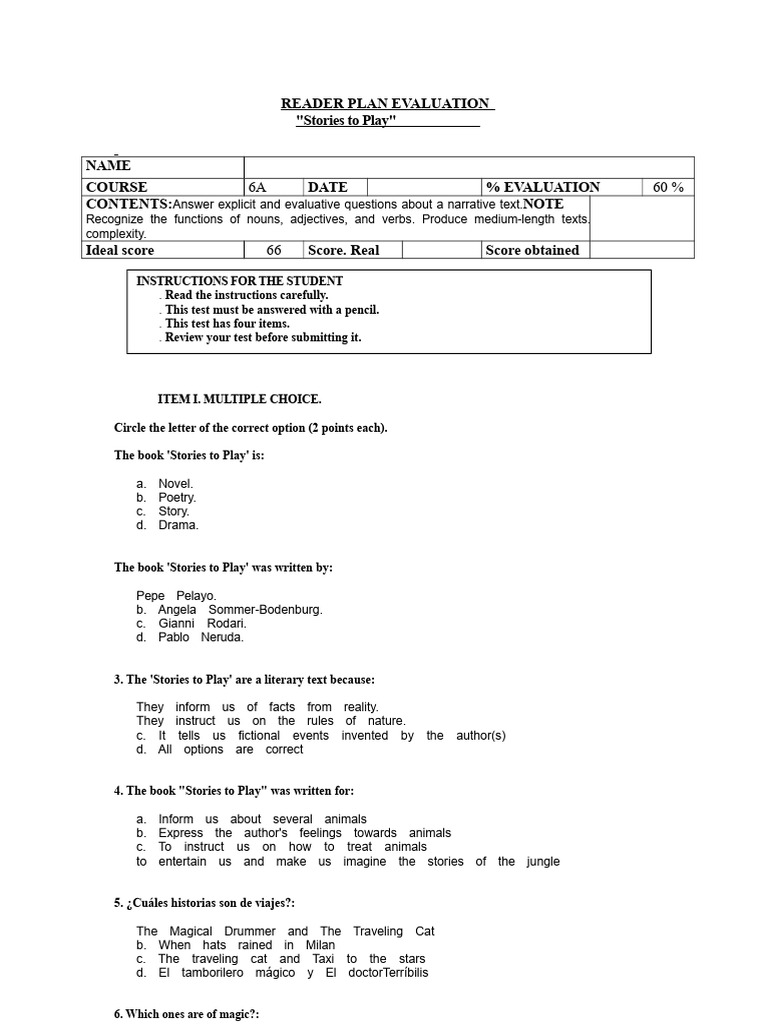 Test Stories For Playing | PDF | Multiple Choice | Books