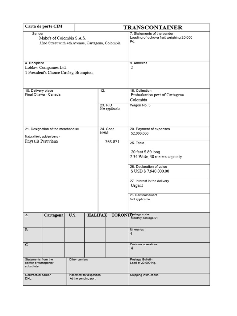 CIM Transport Document for Uchuva Shipment | PDF | Freight Transport ...