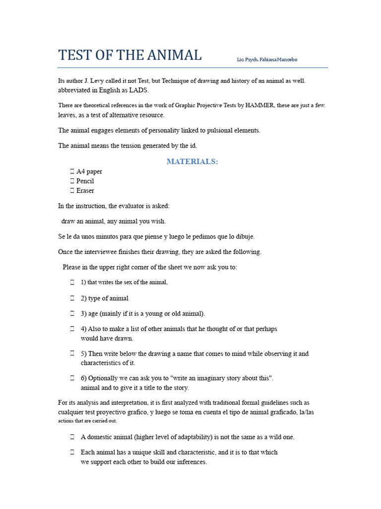Animal Drawing Test Analysis Guide | PDF | Drawing | Psychology