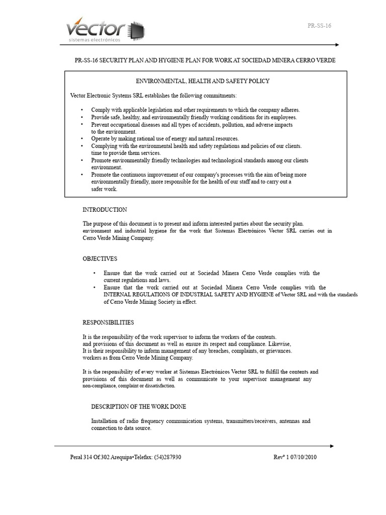Cerro Verde Security & Hygiene Plan | PDF | Occupational Safety And ...