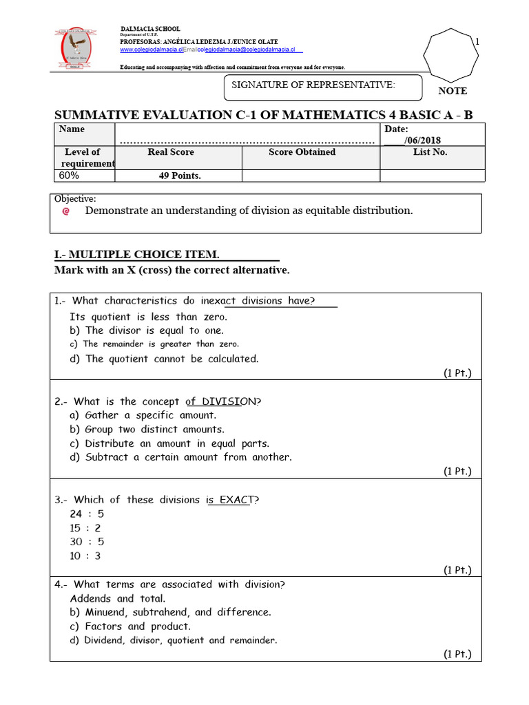Mathematics Evaluation for 4th Grade | PDF | Subtraction | Arithmetic