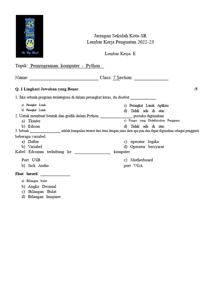 Lembar Kerja Pemrograman Python Kelas 7 | PDF