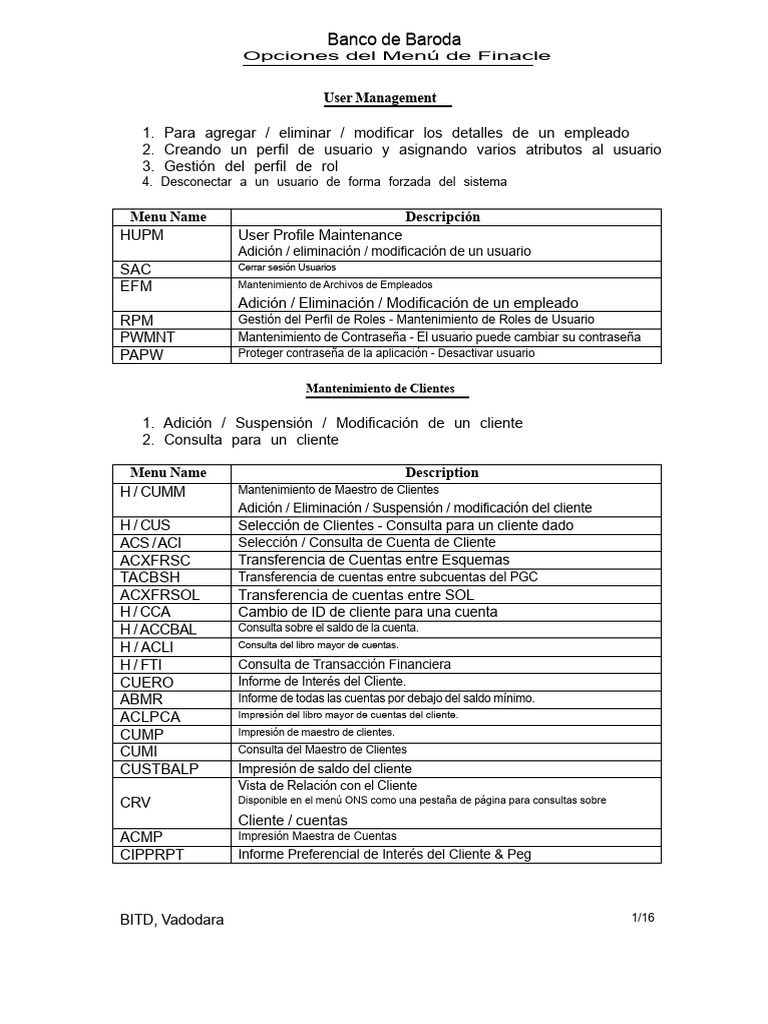 Opciones del Menú de Finacle detalladas | PDF | Transferencia bancaria ...