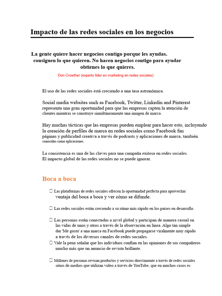 Impacto de Las Redes Sociales en Los Negocios | PDF | Facebook | Redes ...
