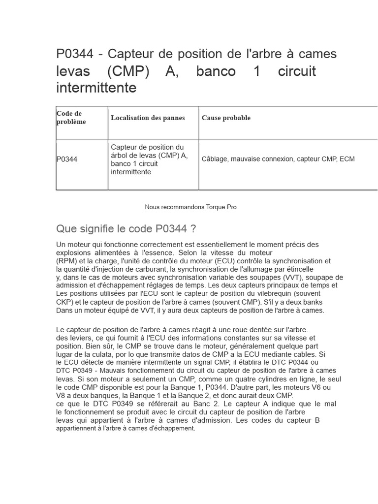 Code P0344 : Problèmes Capteur CMP | PDF | Moteurs | Moteur à ...
