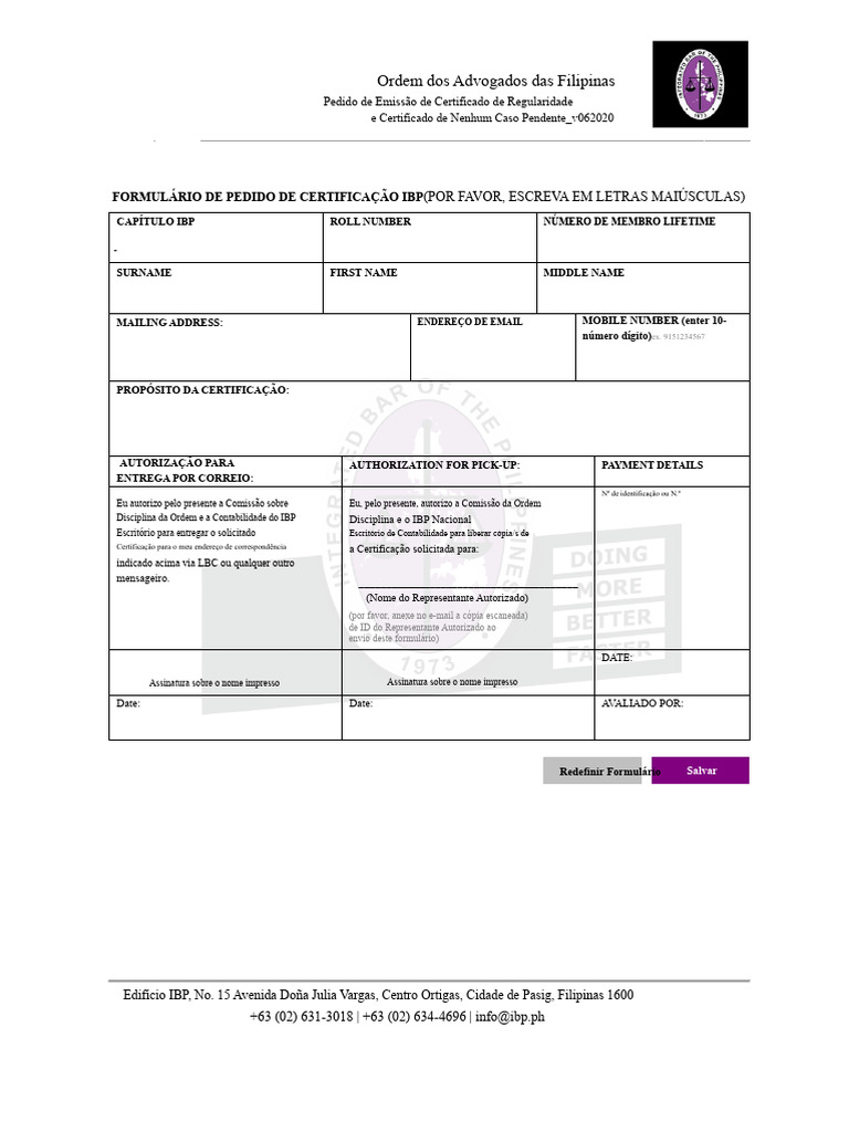 Pedido de Certificado IBP nas Filipinas | PDF