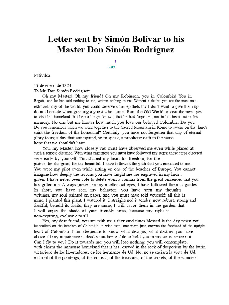 Letter Sent by Simón Bolívar To His Teacher Don Simón Rodríguez | PDF