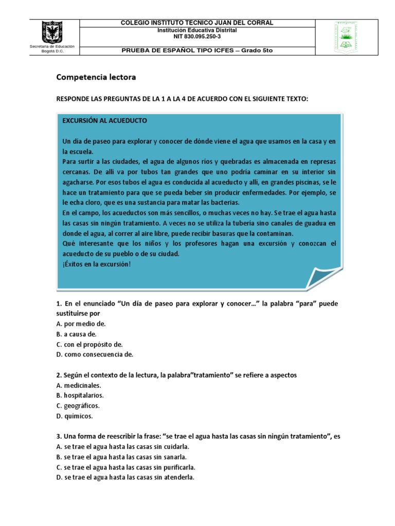 PRUEBA TIPO ICFES ESPAÑOL Grado Quinto