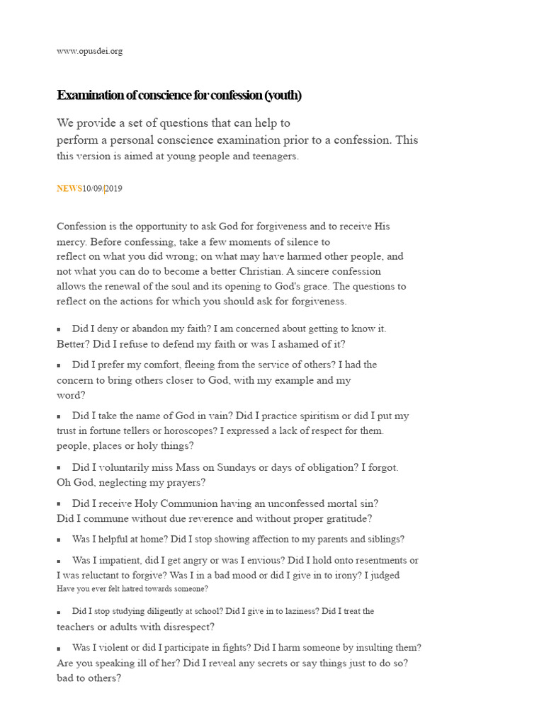 Youth Confession Examination Guide | PDF | Confession (Religion ...