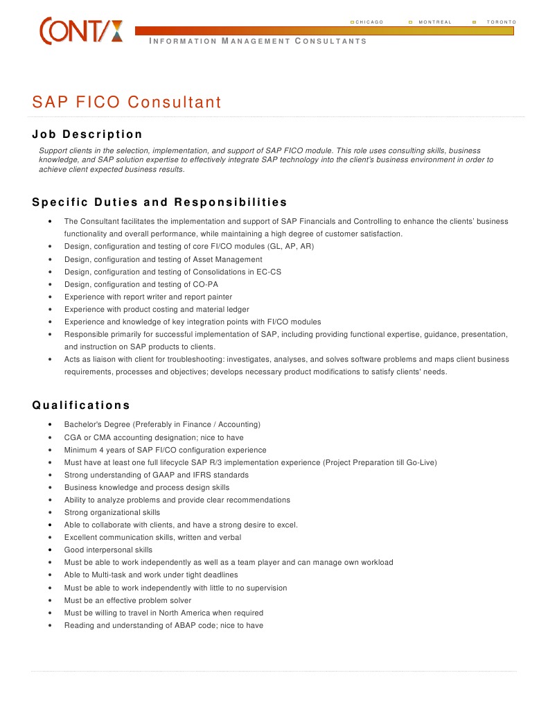 SAP FICO Consultant Job Overview | PDF | Consultant | Sap Se